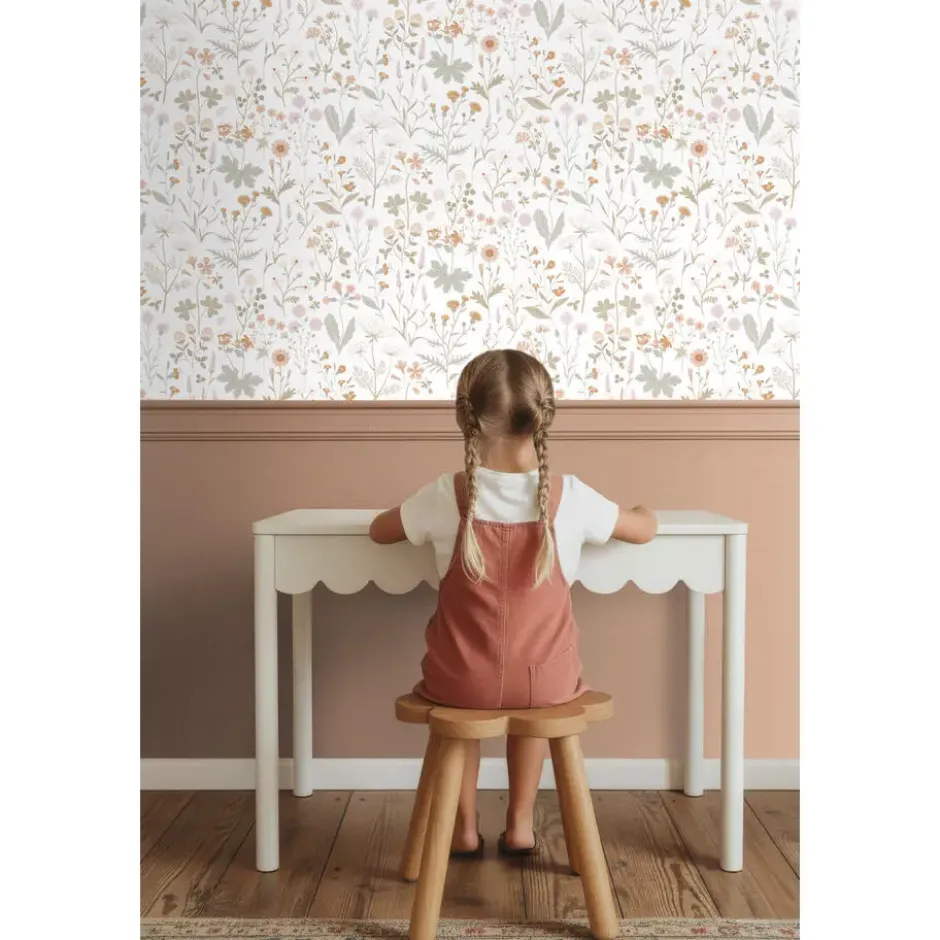 ESTAhome behang veldbloemen groen en terracotta roze - 53 x 1005 cm