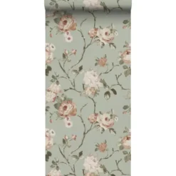 ESTAhome behang vintage bloemen vergrijsd mintgroen en zacht roze