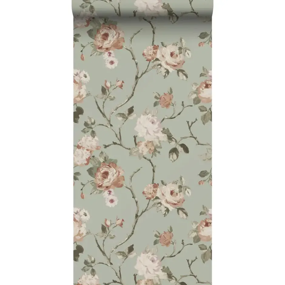 ESTAhome behang vintage bloemen vergrijsd mintgroen en zacht roze