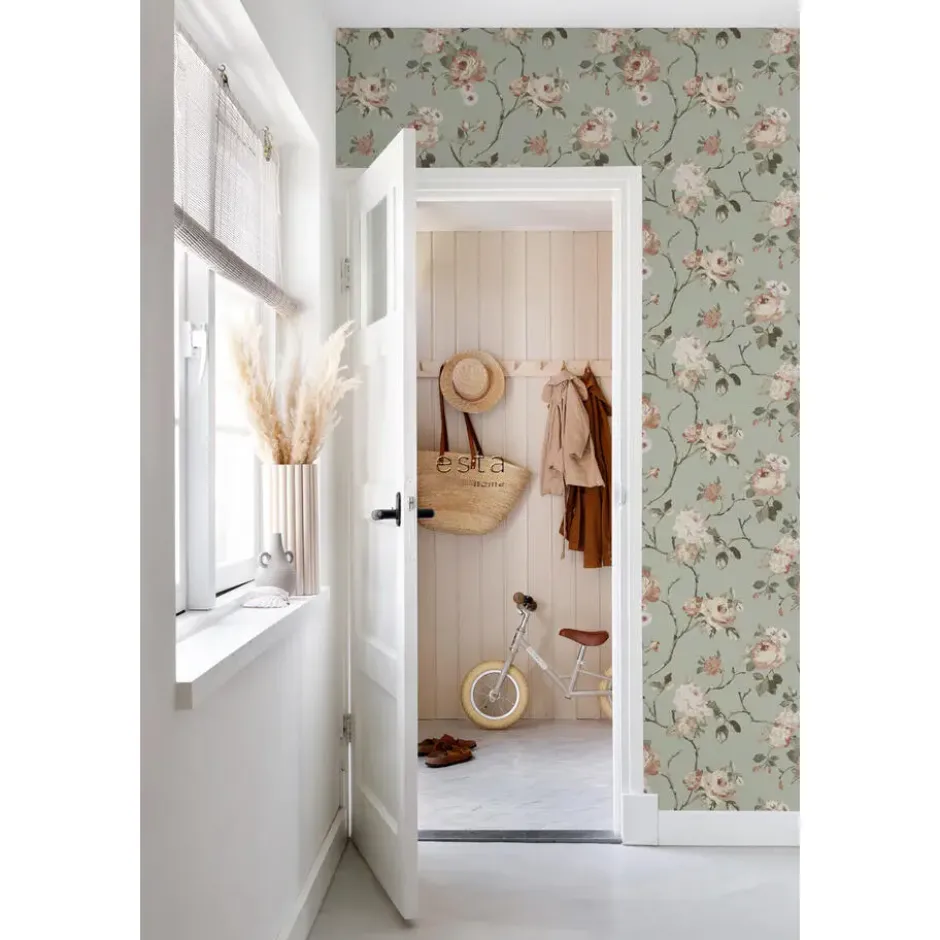 ESTAhome behang vintage bloemen vergrijsd mintgroen en zacht roze