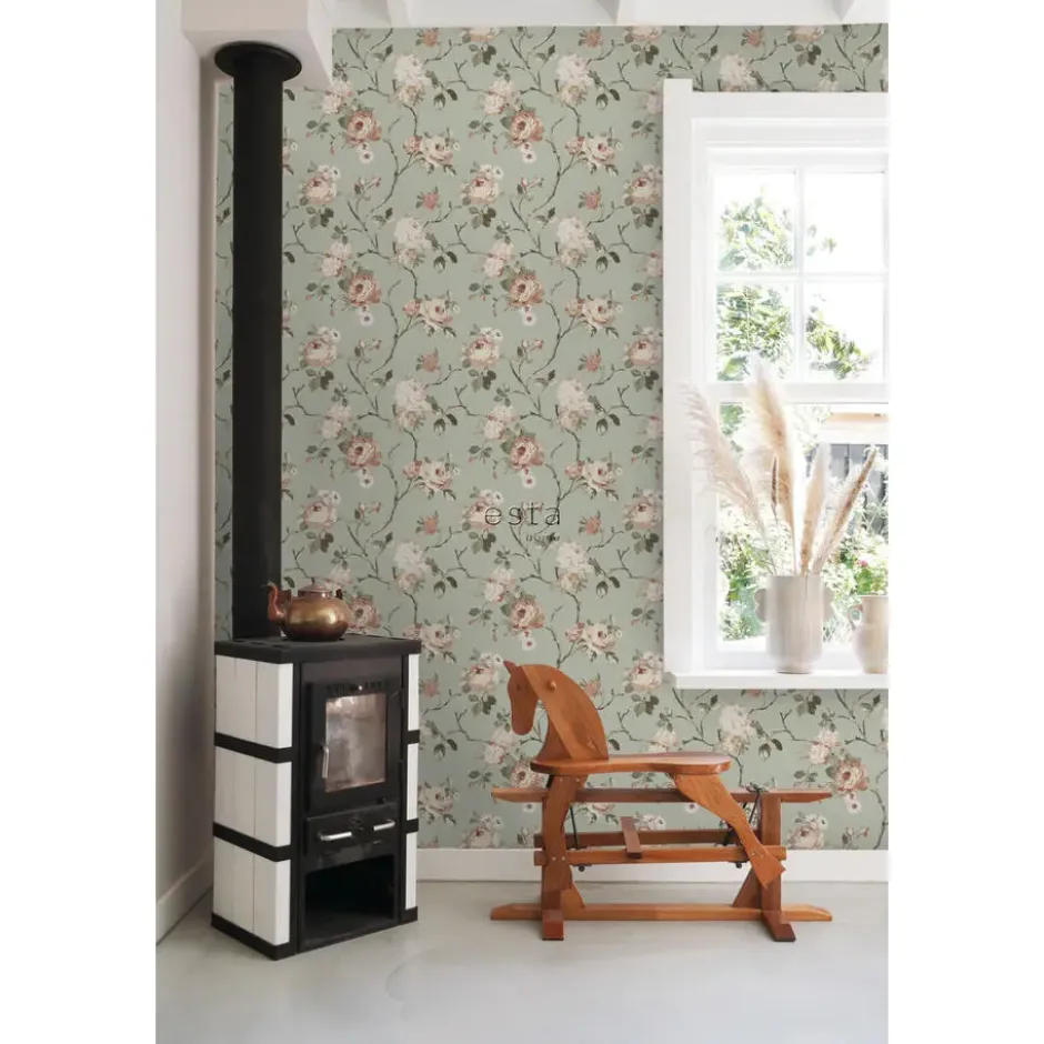 ESTAhome behang vintage bloemen vergrijsd mintgroen en zacht roze