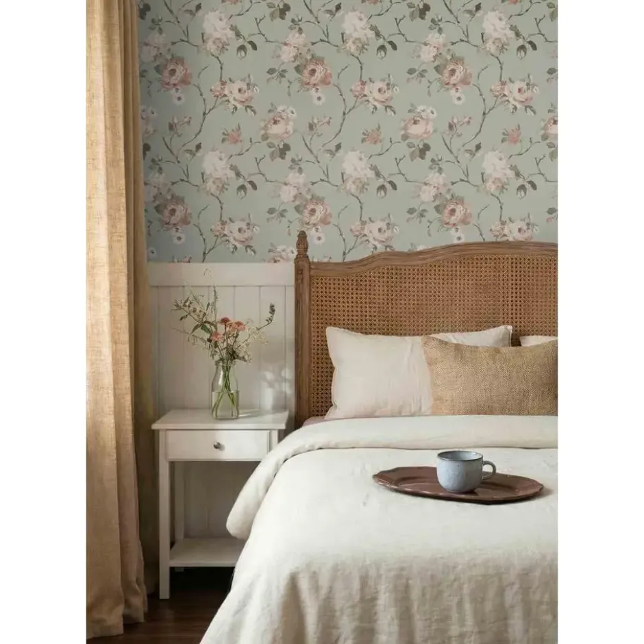 ESTAhome behang vintage bloemen vergrijsd mintgroen en zacht roze