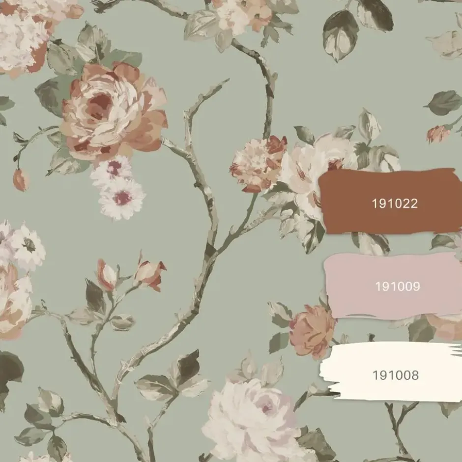 ESTAhome behang vintage bloemen vergrijsd mintgroen en zacht roze