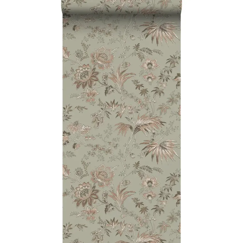 ESTAhome behang vintage bloemen vergrijsd mintgroen en zacht roze
