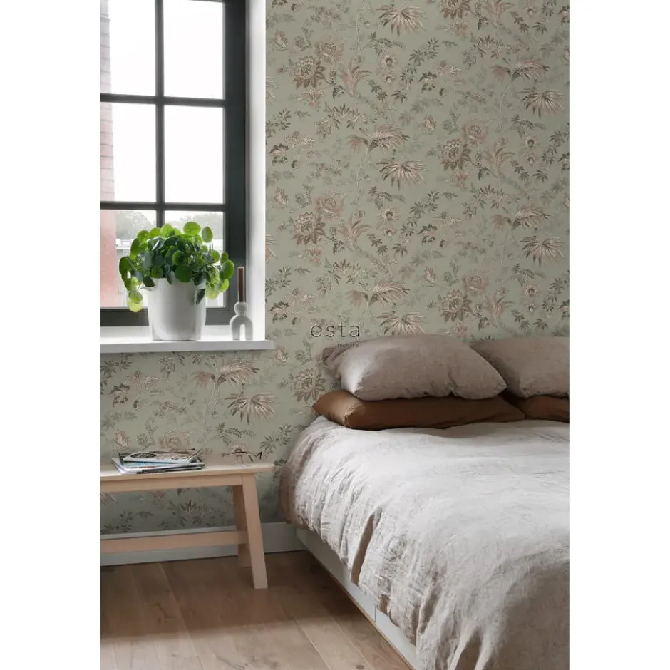 ESTAhome behang vintage bloemen vergrijsd mintgroen en zacht roze
