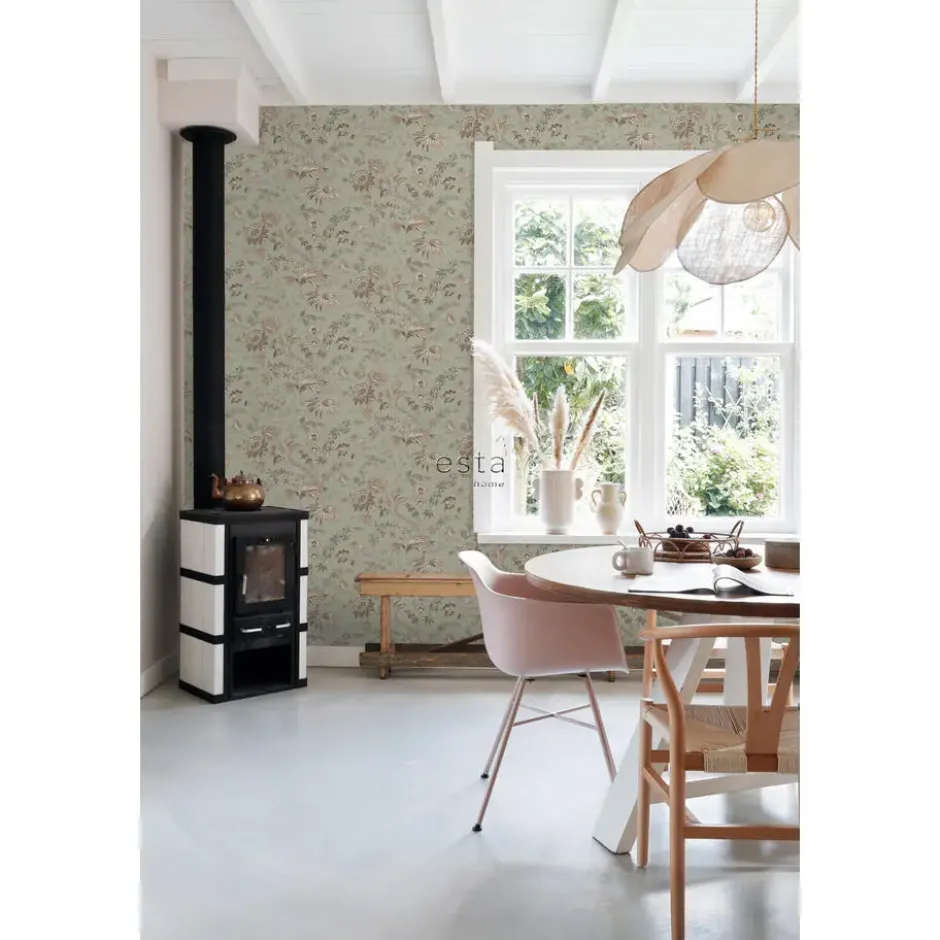 ESTAhome behang vintage bloemen vergrijsd mintgroen en zacht roze
