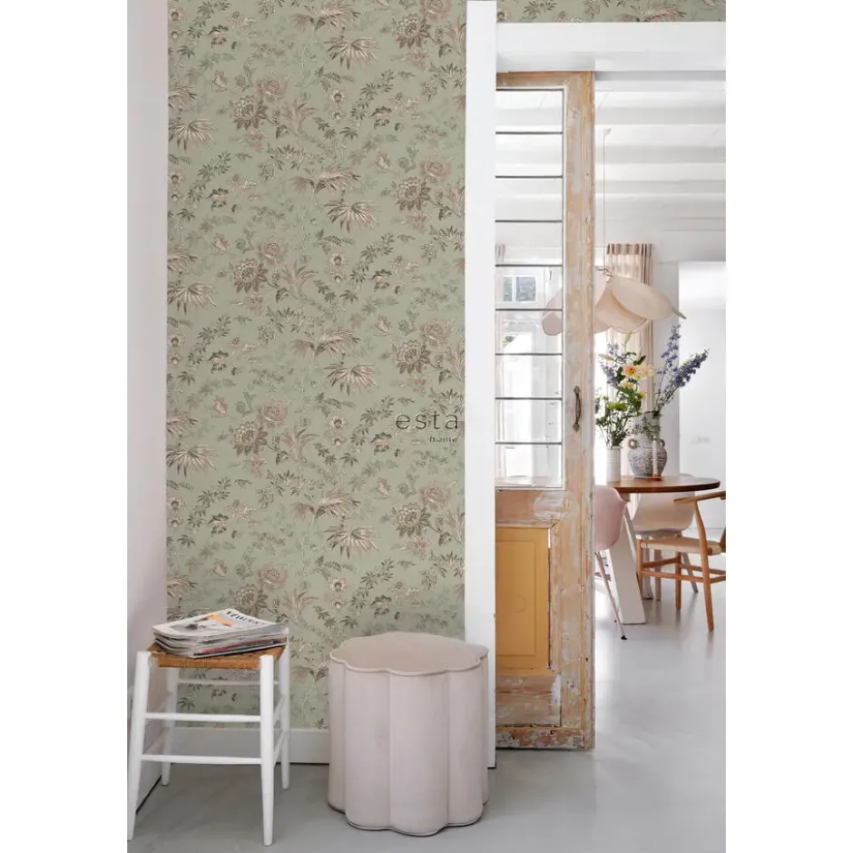 ESTAhome behang vintage bloemen vergrijsd mintgroen en zacht roze