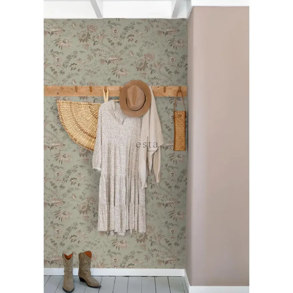 ESTAhome behang vintage bloemen vergrijsd mintgroen en zacht roze