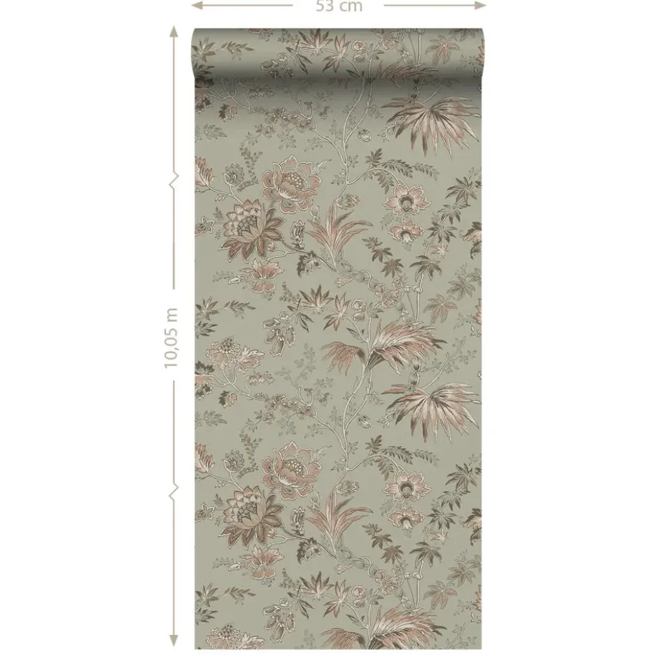 ESTAhome behang vintage bloemen vergrijsd mintgroen en zacht roze