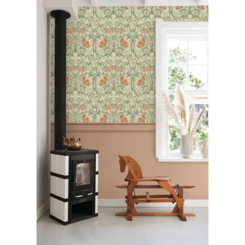 ESTAhome behang vintage bloemen in art nouveau stijl groen en terracotta