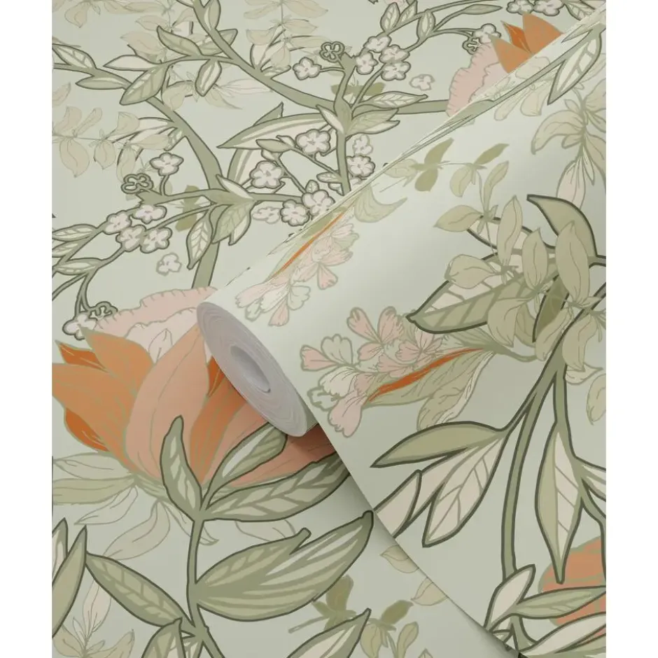 ESTAhome behang vintage bloemen in art nouveau stijl groen en terracotta