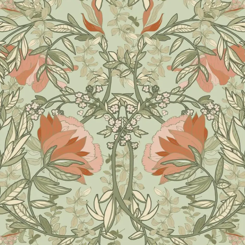 ESTAhome behang vintage bloemen in art nouveau stijl groen en terracotta