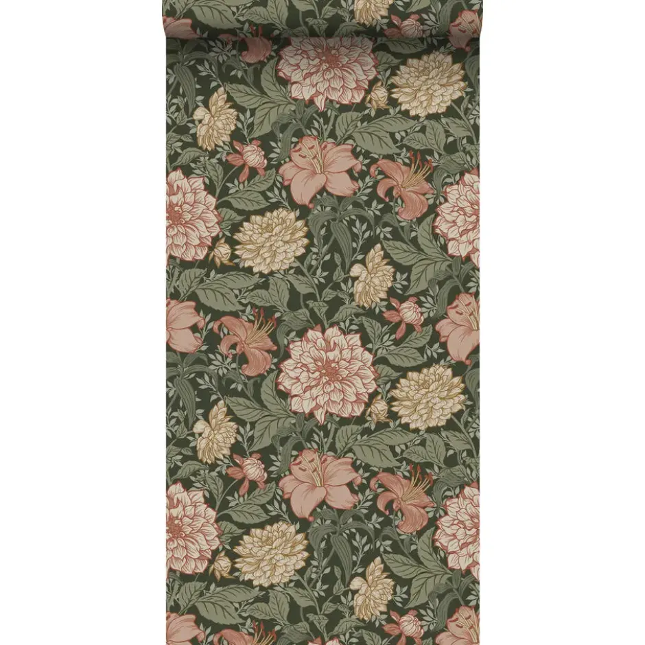 ESTAhome behang vintage bloemen vergrijsd groen en terracotta roze