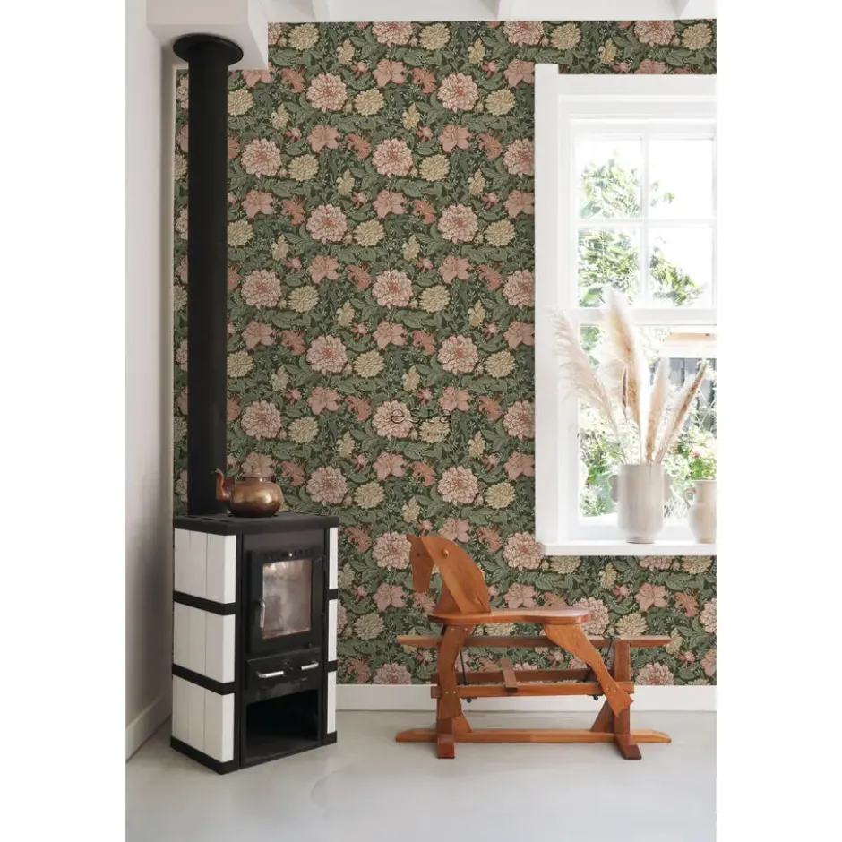 ESTAhome behang vintage bloemen vergrijsd groen en terracotta roze