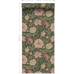 ESTAhome behang vintage bloemen vergrijsd groen en terracotta roze