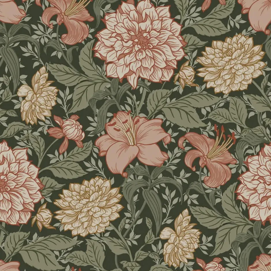 ESTAhome behang vintage bloemen vergrijsd groen en terracotta roze