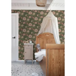 ESTAhome behang vintage bloemen vergrijsd groen en terracotta roze