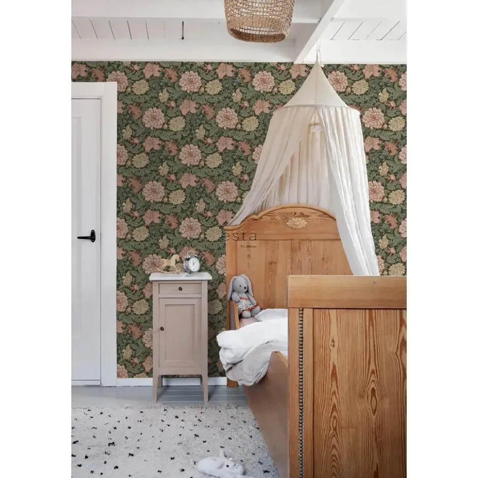 ESTAhome behang vintage bloemen vergrijsd groen en terracotta roze