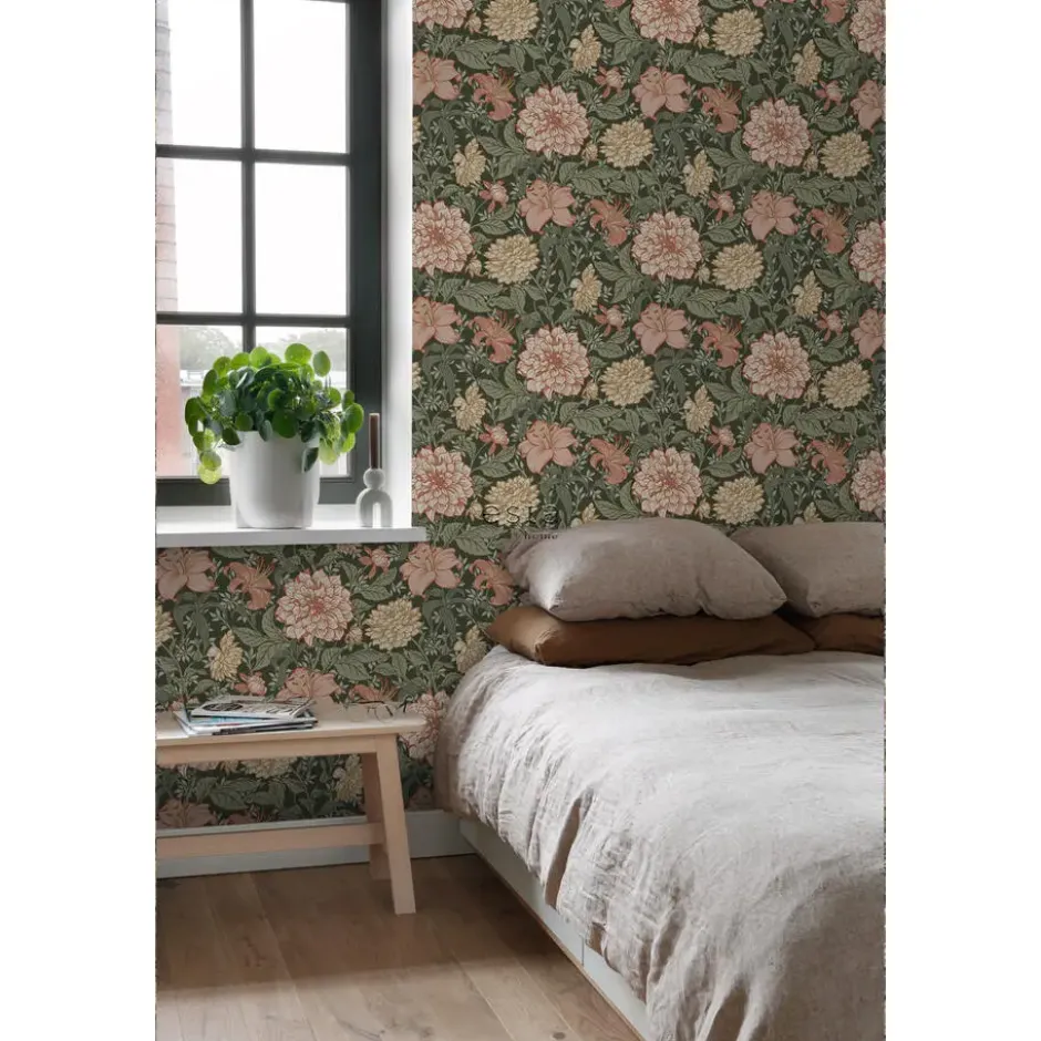 ESTAhome behang vintage bloemen vergrijsd groen en terracotta roze