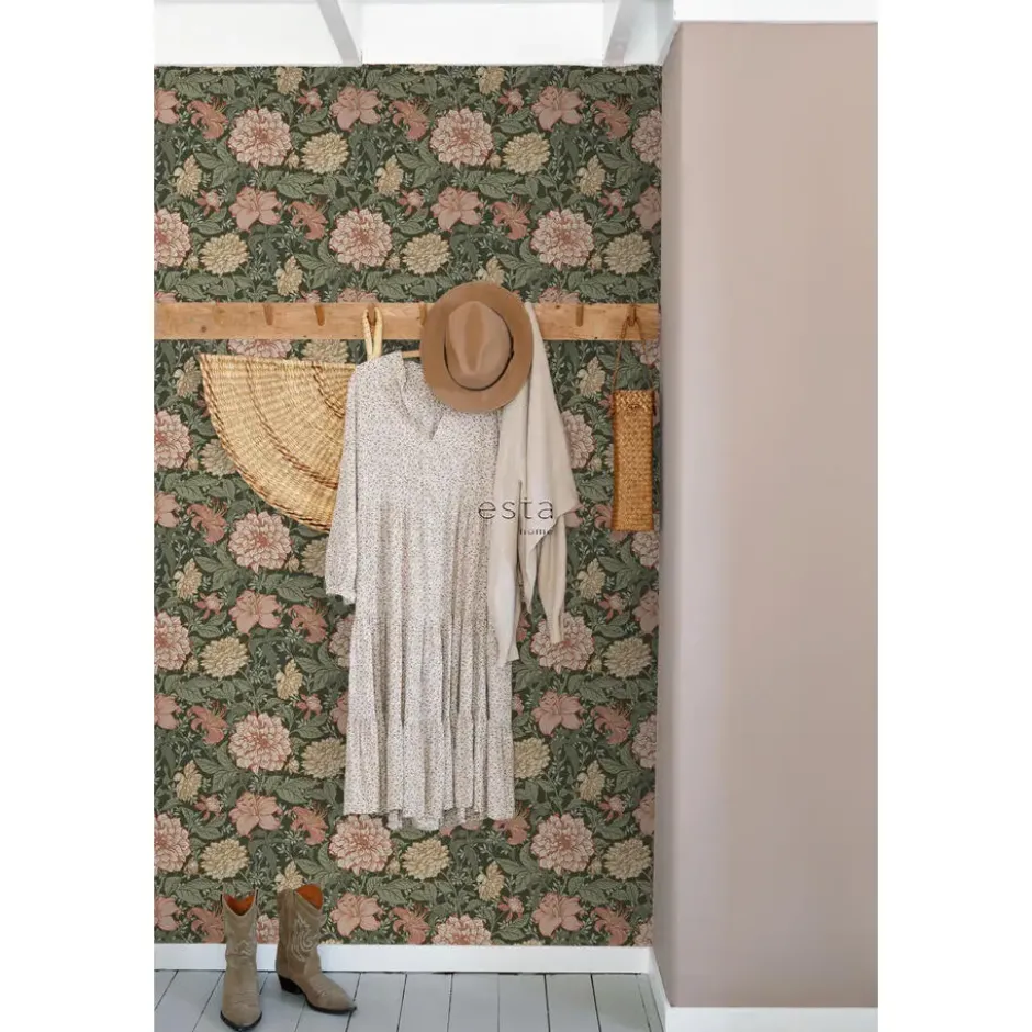 ESTAhome behang vintage bloemen vergrijsd groen en terracotta roze