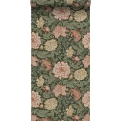 ESTAhome behang vintage bloemen vergrijsd groen en terracotta roze