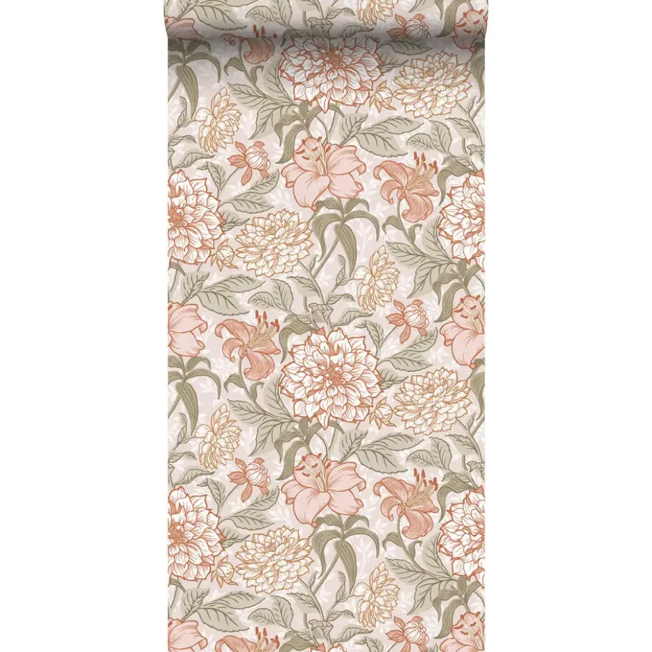 ESTAhome behang vintage bloemen oudroze en groen - 53 x 1005 cm