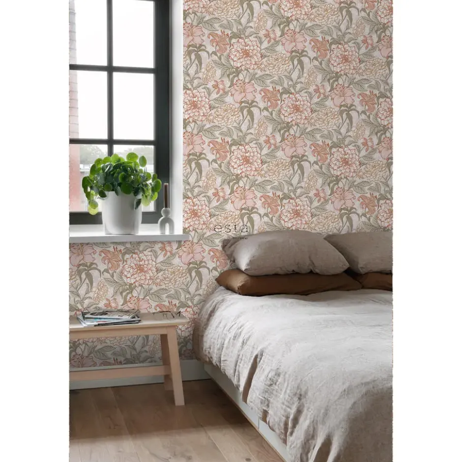 ESTAhome behang vintage bloemen oudroze en groen - 53 x 1005 cm