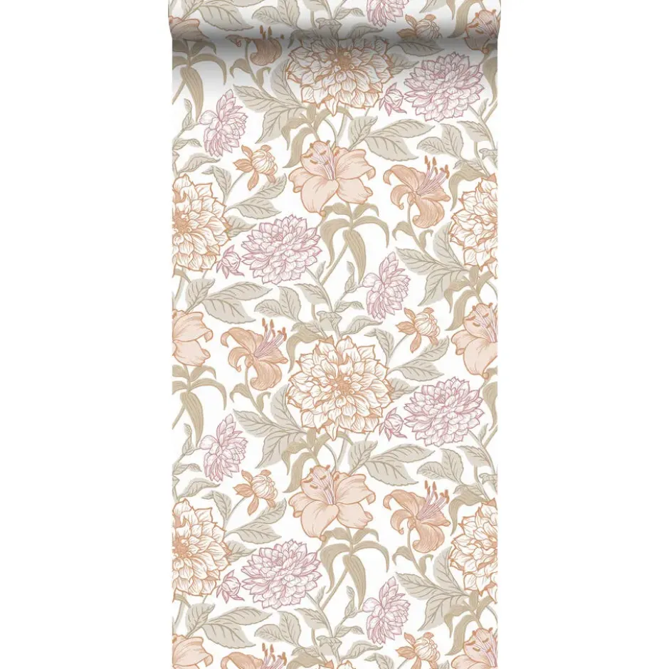 ESTAhome behang vintage bloemen terracotta en vergrijsd groen - 53 x 1005 cm