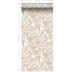 ESTAhome behang vintage bloemen terracotta en vergrijsd groen - 53 x 1005 cm