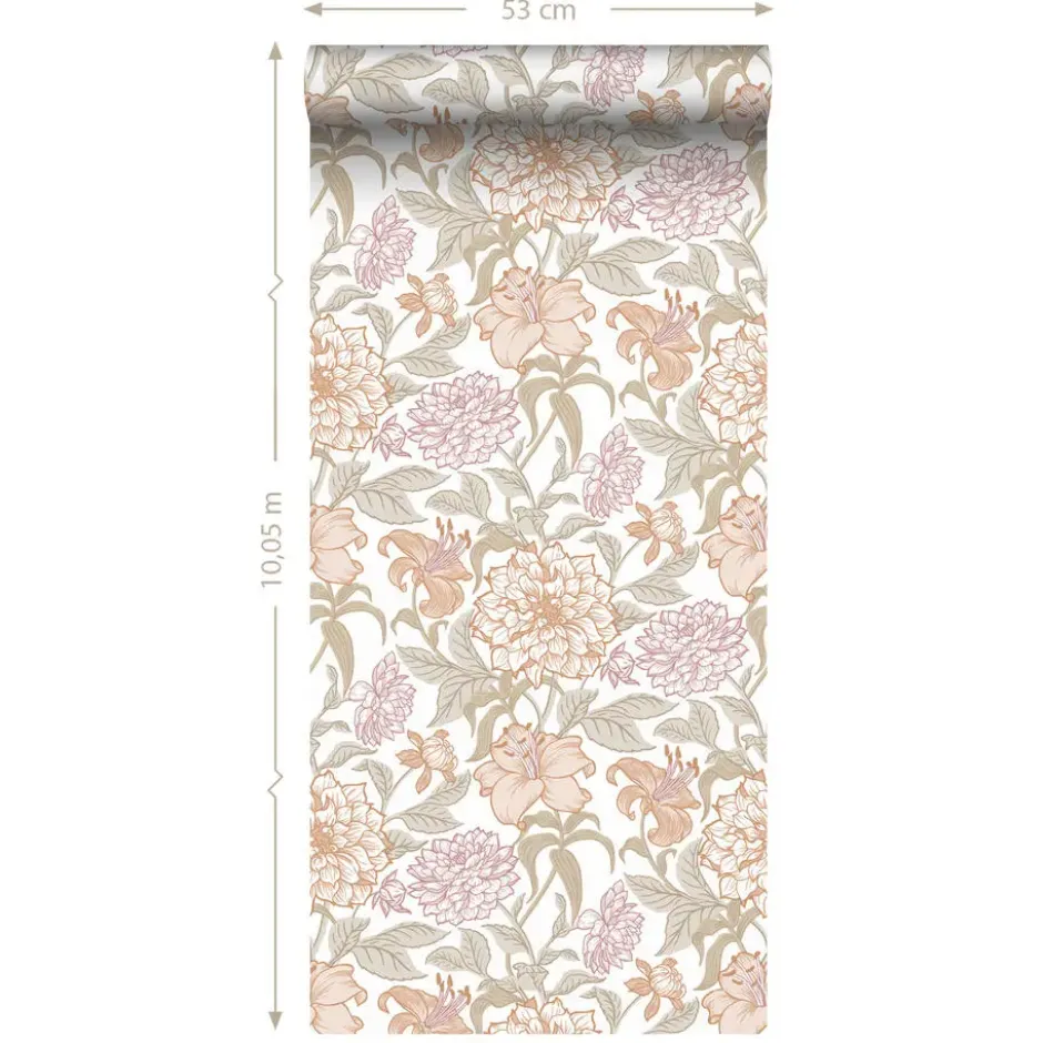 ESTAhome behang vintage bloemen terracotta en vergrijsd groen - 53 x 1005 cm
