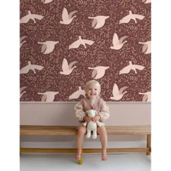 ESTAhome behang zwanen bordeaux rood - 50 x 900 cm