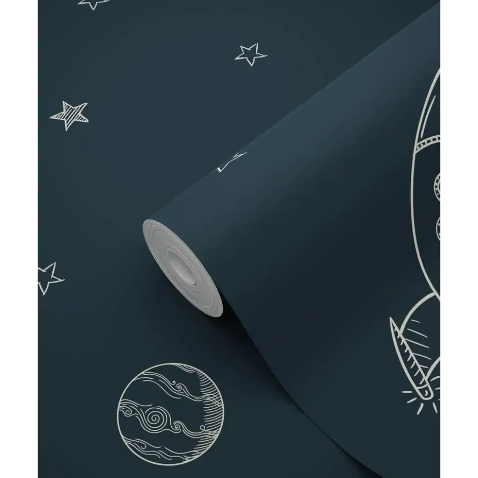 ESTAhome glow-in-the-dark behang planeten in de ruimte donkerblauw