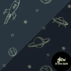 ESTAhome glow-in-the-dark behang planeten in de ruimte donkerblauw