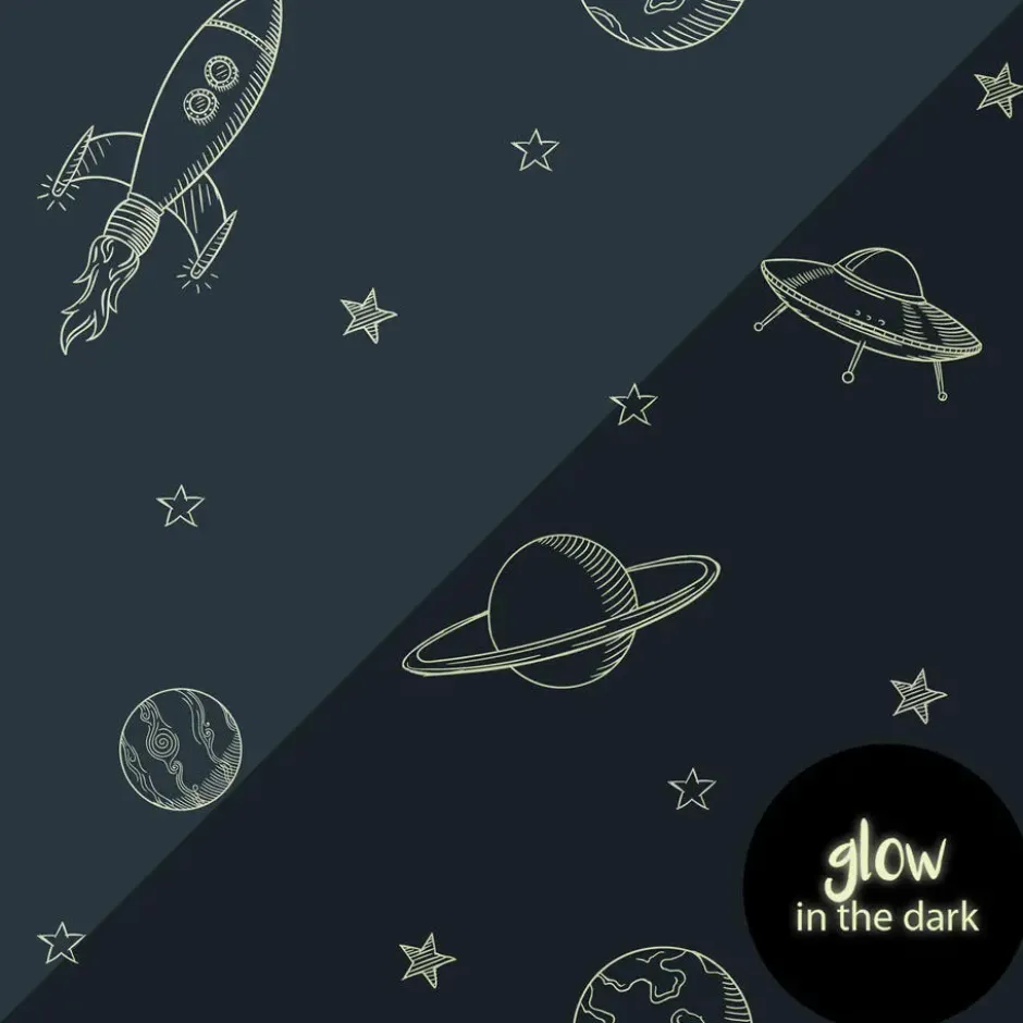 ESTAhome glow-in-the-dark behang planeten in de ruimte donkerblauw