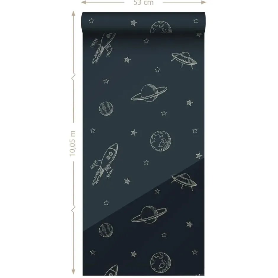 ESTAhome glow-in-the-dark behang planeten in de ruimte donkerblauw
