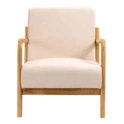 Fauteuil van massief hout en beige stof