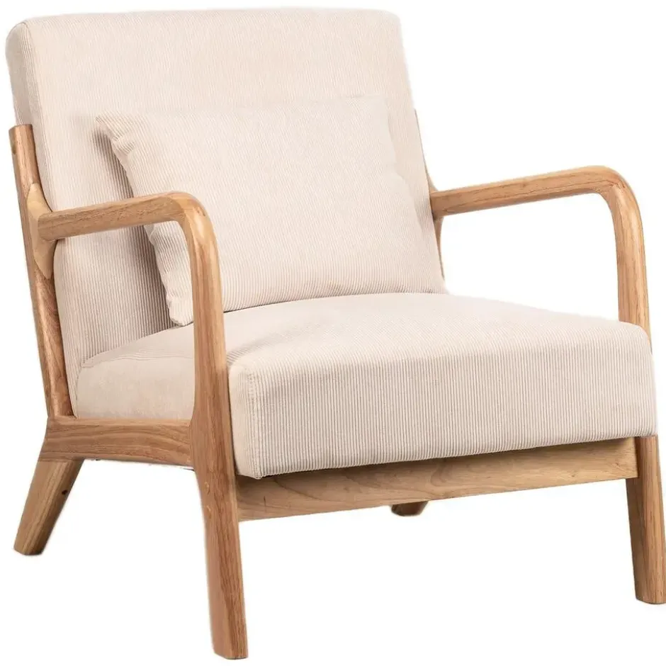 Fauteuil van massief hout en beige stof