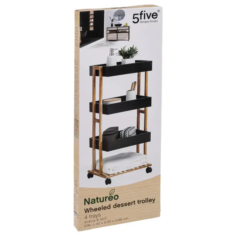 5Five Doucherekje/badkamerrekje/trolley -zwart - 40 x 30 x 87 cm