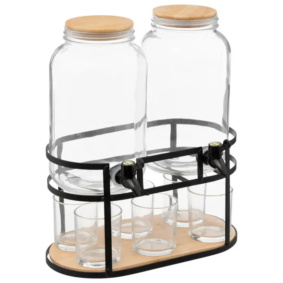 5Five Drank dispensers - 2x stuks - 3,3L - op standaard met 6 glazen