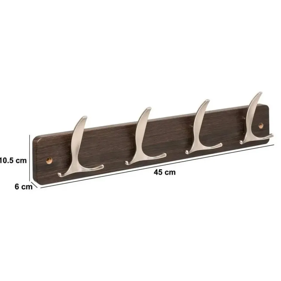 5Five Kapstok - 4 ophang haken - RVS - bruin/zilver - 45 x 10 cm