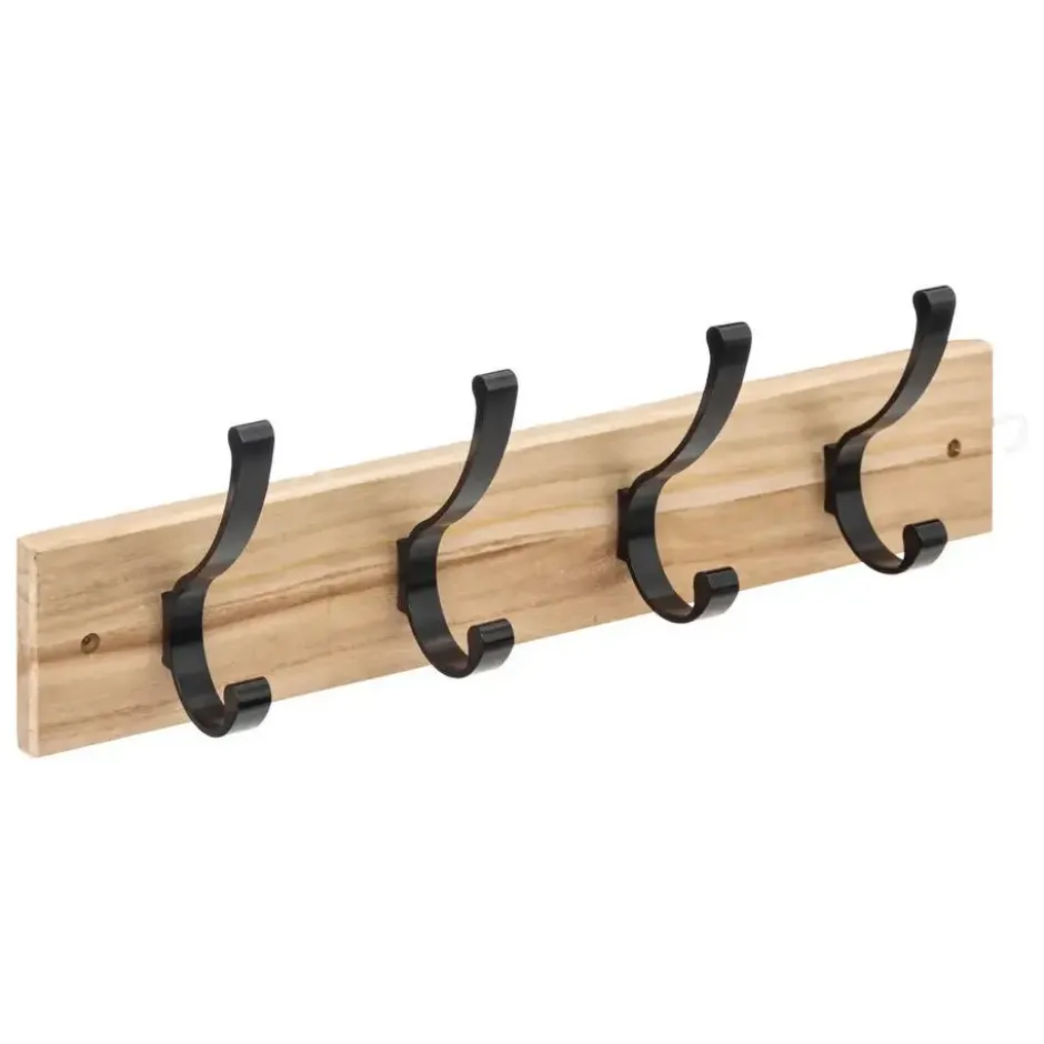 5Five Kapstok rek voor wand/muur - lichtbruin/zwart - 4x ophanghaken