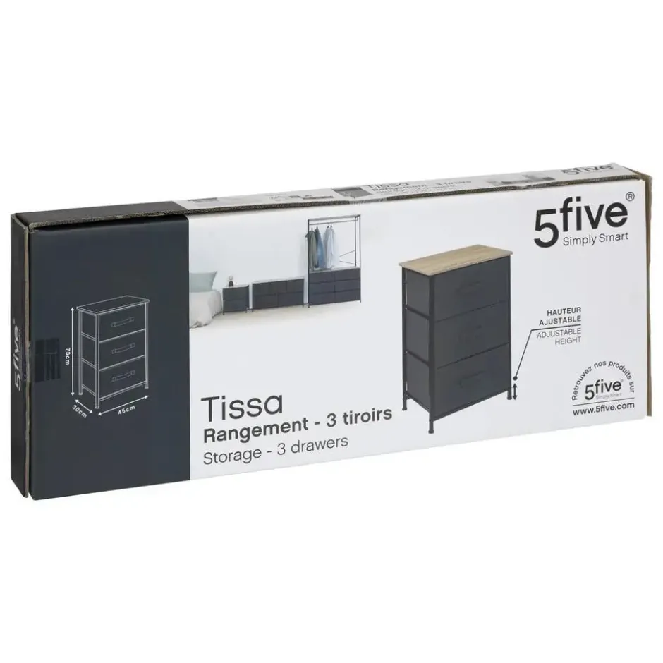 5Five Opbergkast - 3x mand - 43x30x73cm - hout/stof donkergrijs