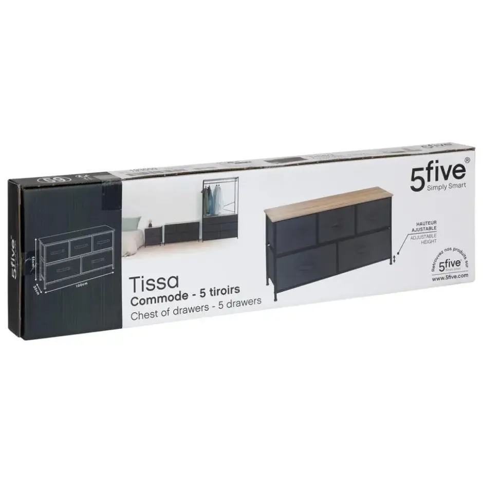 5Five Opbergkast - 5x mand - 100x30x55cm - hout/stof donkergrijs