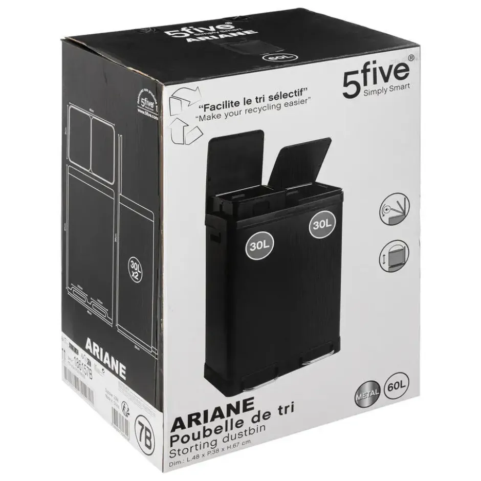 5Five Pedaalemmer Ariane - zwart - rvs metaal - 2 x 30 Liter