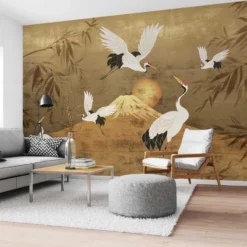 Fotobehang Kraanvogels - 260 x 384 - Goudkleurig