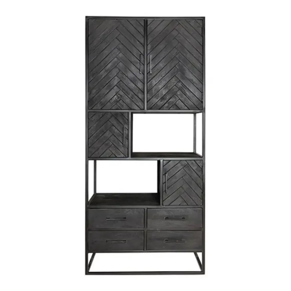 Furndea Scandi vakkenkast industrieel visgraat zwart - 45x90x200 cm