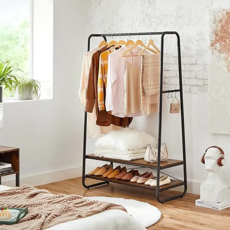Garderobe - met 2 legplanken - 6 haken in S-vorm - vintage - Bruin-Zwart