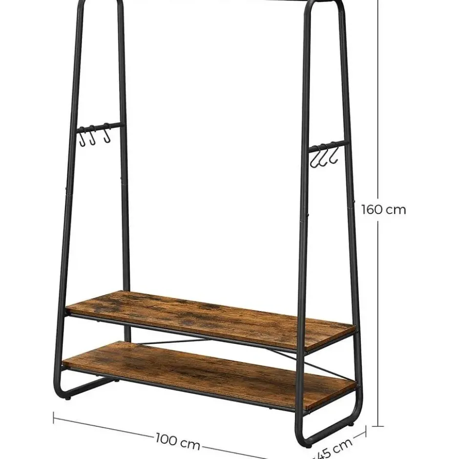 Garderobe - met 2 legplanken - 6 haken in S-vorm - vintage - Bruin-Zwart