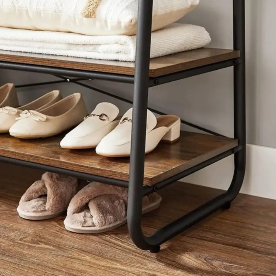 Garderobe - met 2 legplanken - 6 haken in S-vorm - vintage - Bruin-Zwart