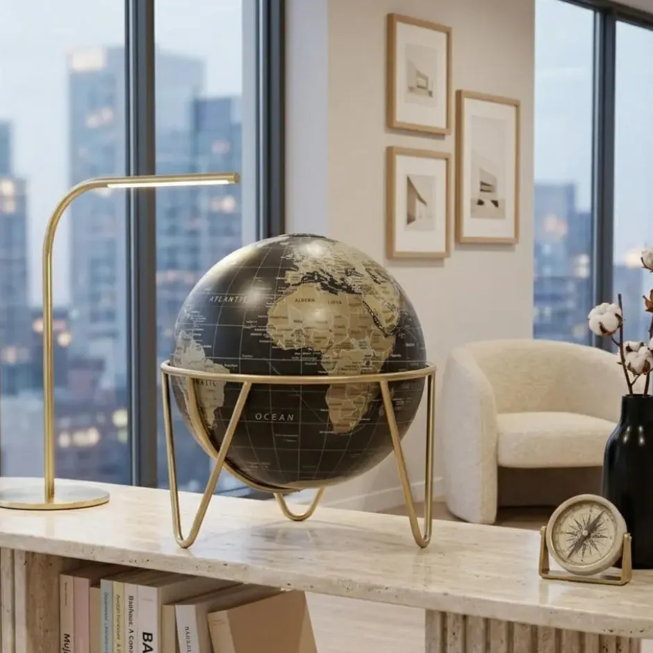 Gerimport Decoratie Wereldbol / globe - zwart - D17 x H20 cm